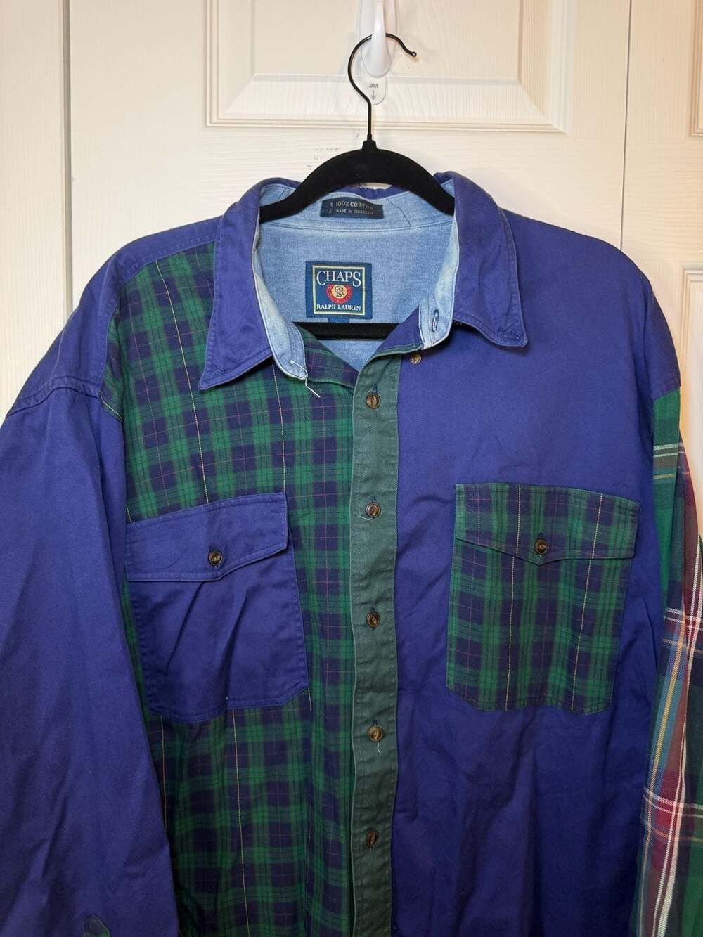 Ralph Lauren Vintage Plaid & Solid Colorblock Long Sleeve Button-Down Shirt XL